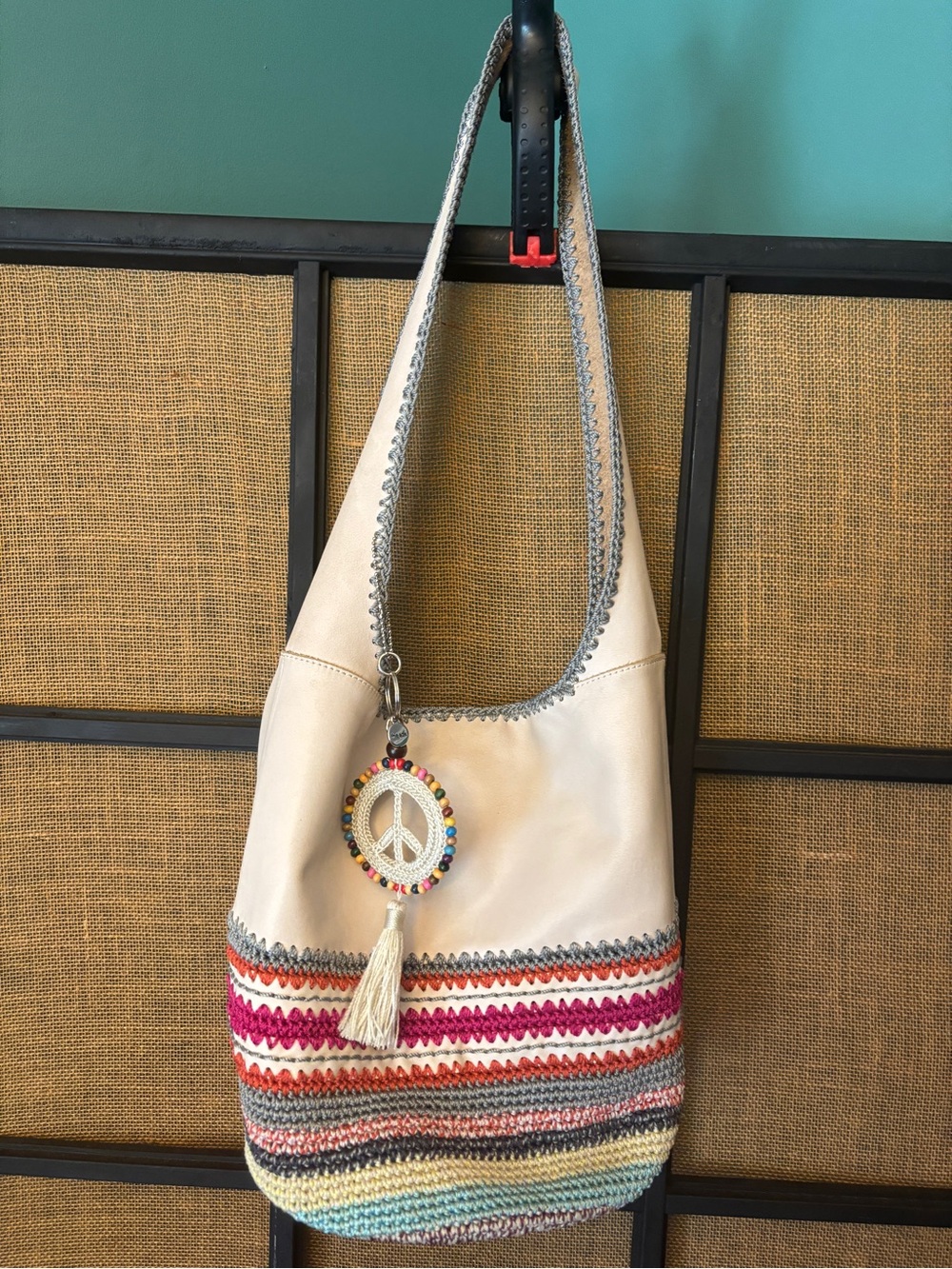 SAK HAND CROCHET BACK TO BALI BEIGE WITH RAINBOW COLORS SHOULDERS STRAP LEATHER